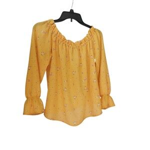 Divided H&M Women’s Off Shoulder Blouse Size 8 Yellow Floral Boho Long Sleeve